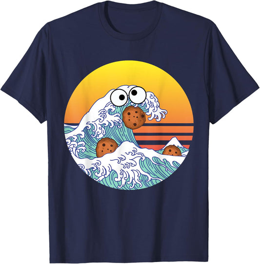 Retro Great Wave Monster Eating Cookies Funny Cookie Wave T-Shirt - T-Shirt | Navy