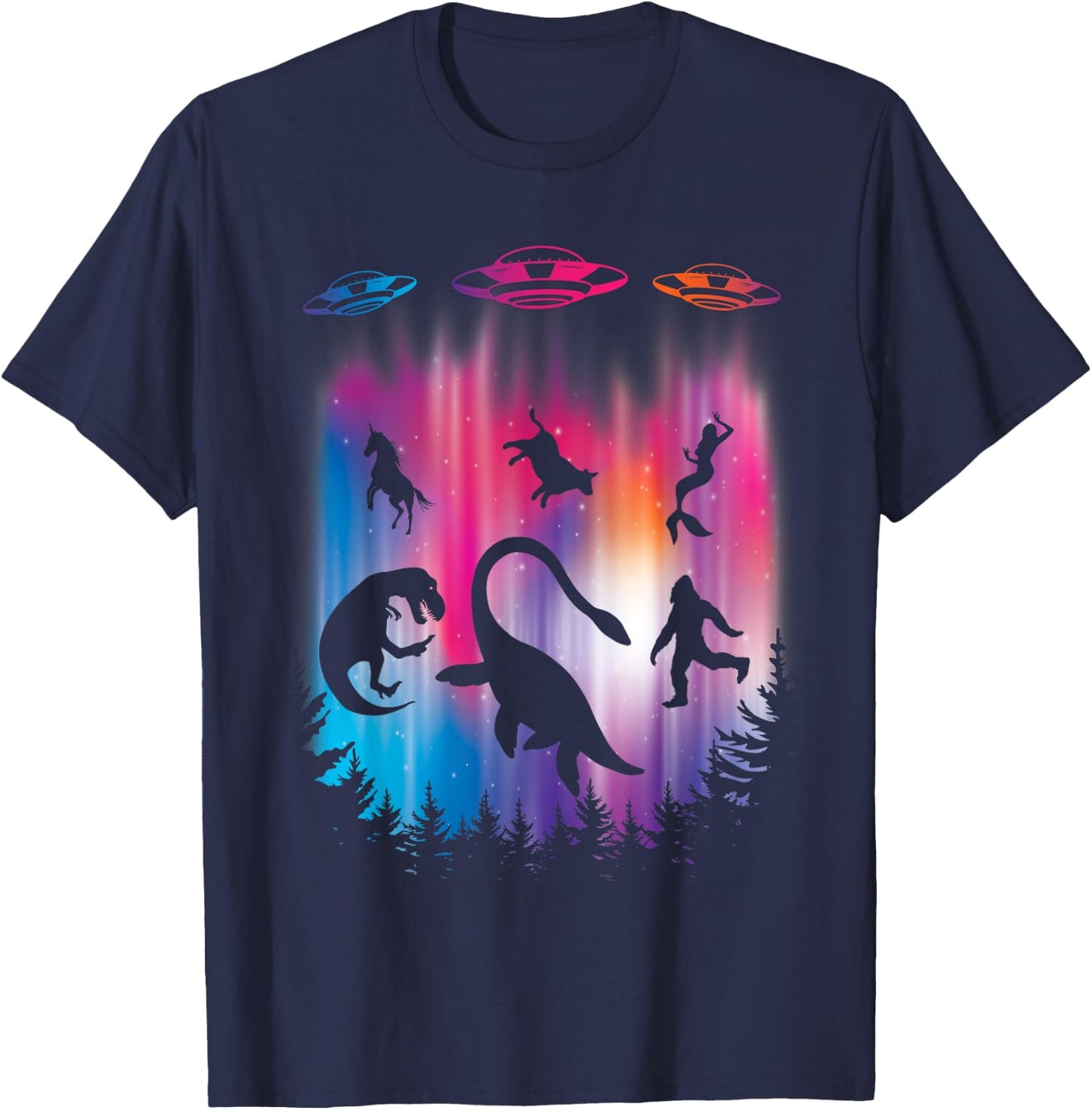 Alien Abduction T-Rex Loch Ness Bigfoot Funny UFO T-Shirt - T-Shirt | Navy