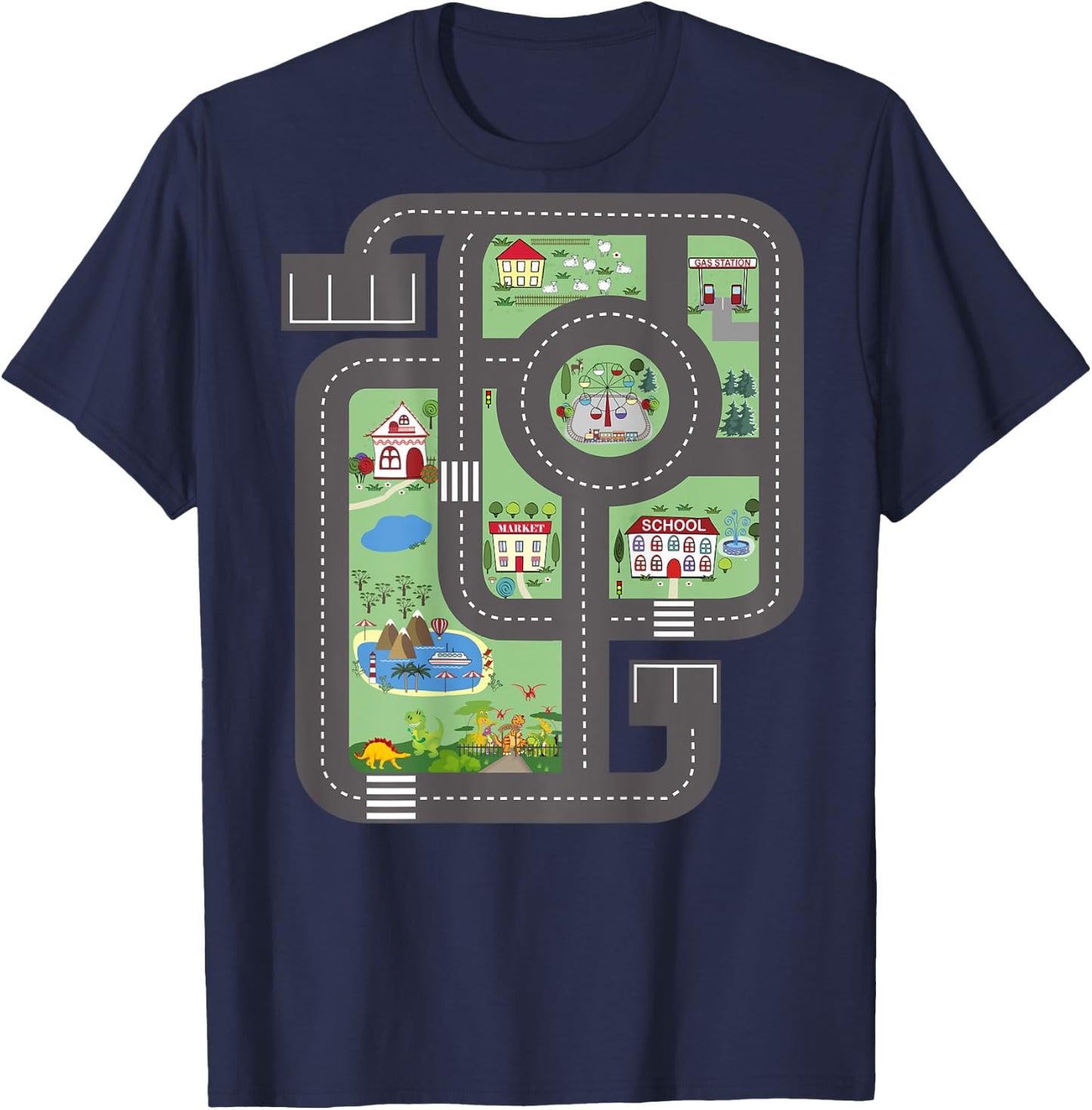 Cool Play Mat Race Car Track On Dad Shirt with Dinosaurs T-Shirt - T-Shirt | Navy