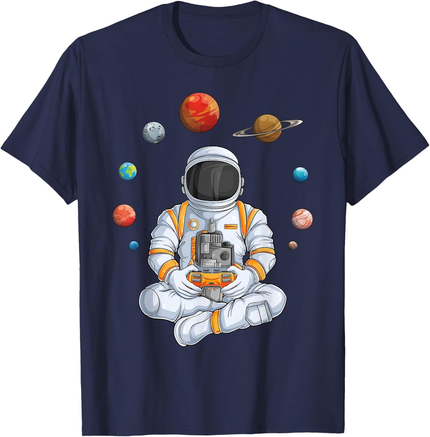 Astronaut Gamer Outer Space Men Gaming Solar System Planets T-Shirt - T-Shirt | Navy