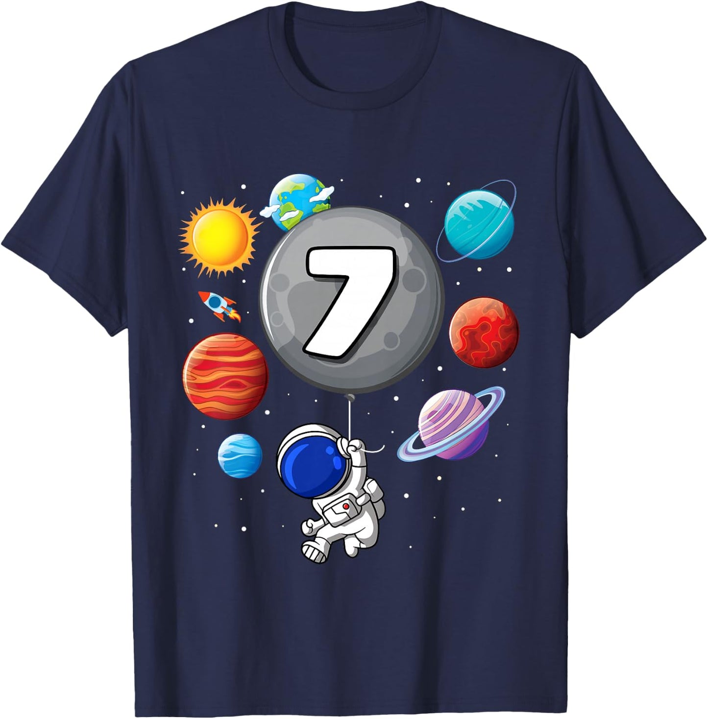7th Birthday Astronaut Balloon Planet 7 Year Old Boy T-Shirt - T-Shirt | Navy