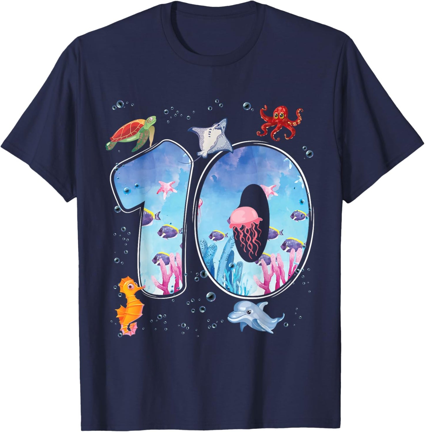 10th Birthday Party Ocean 10 Year Old Sea Fish Aquarium Boy T-Shirt - T-Shirt | Navy