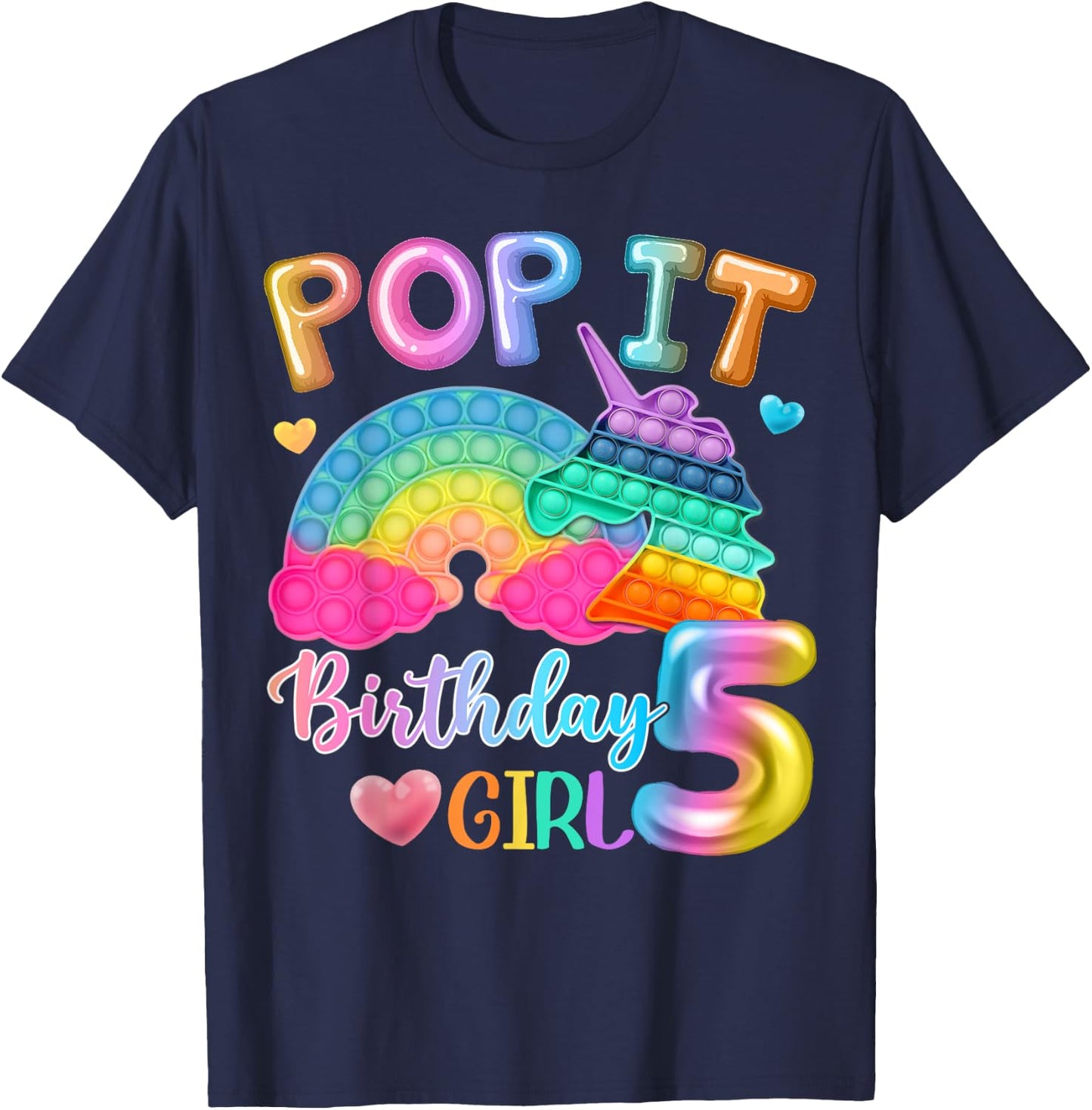 Kids Pop It Birthday Girl 5 for 5yr Old Girls Unicorn Party T-Shirt - T-Shirt | Navy