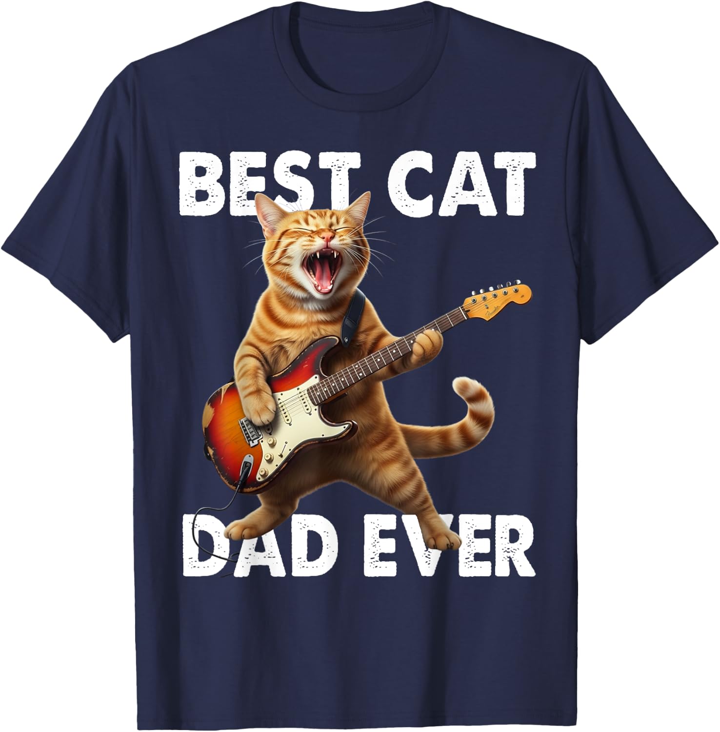 Best Cat Dad Ever Cat Playing Guitar Rock Star Rock and Roll T-Shirt - T-Shirt | Navy