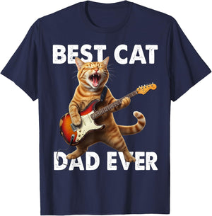 Best Cat Dad Ever Cat Playing Guitar Rock Star Rock and Roll T-Shirt - T-Shirt | Navy