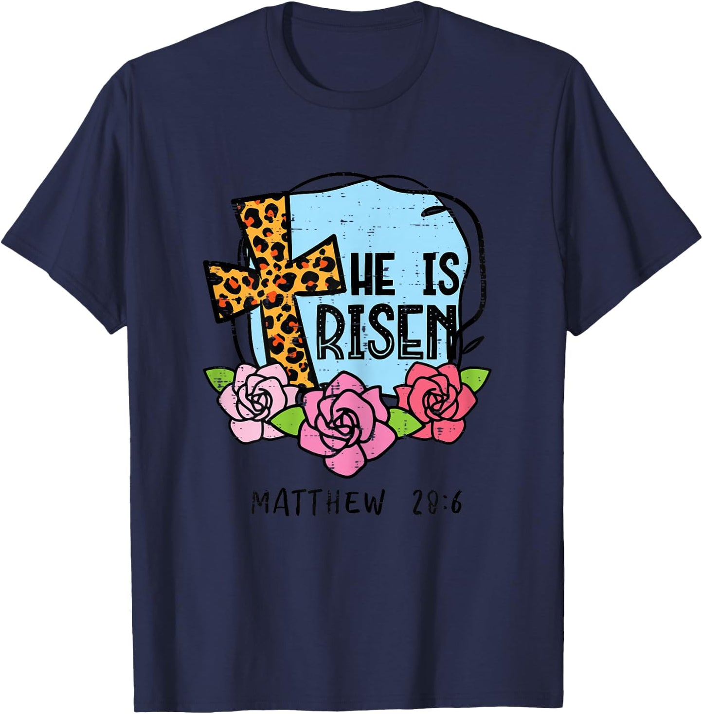 Leopard Cross He Is Risen Easter Jesus Religious Women T-Shirt - T-Shirt | Navy