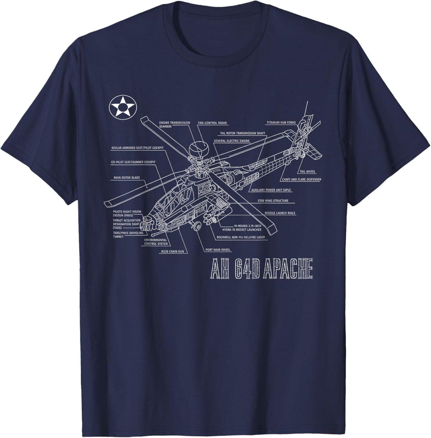 Military Aircraft AH-64 Apache Longbow Army Helicopter T-Shirt - T-Shirt | Navy