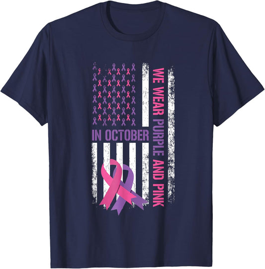 US Flag Breast Cancer and Domestic Violence Awareness T-Shirt - T-Shirt | Navy