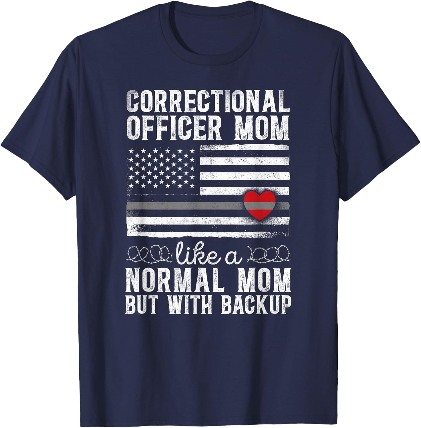 Correctional Officer Mom Mother Heart American Flag T-Shirt - T-Shirt | Navy