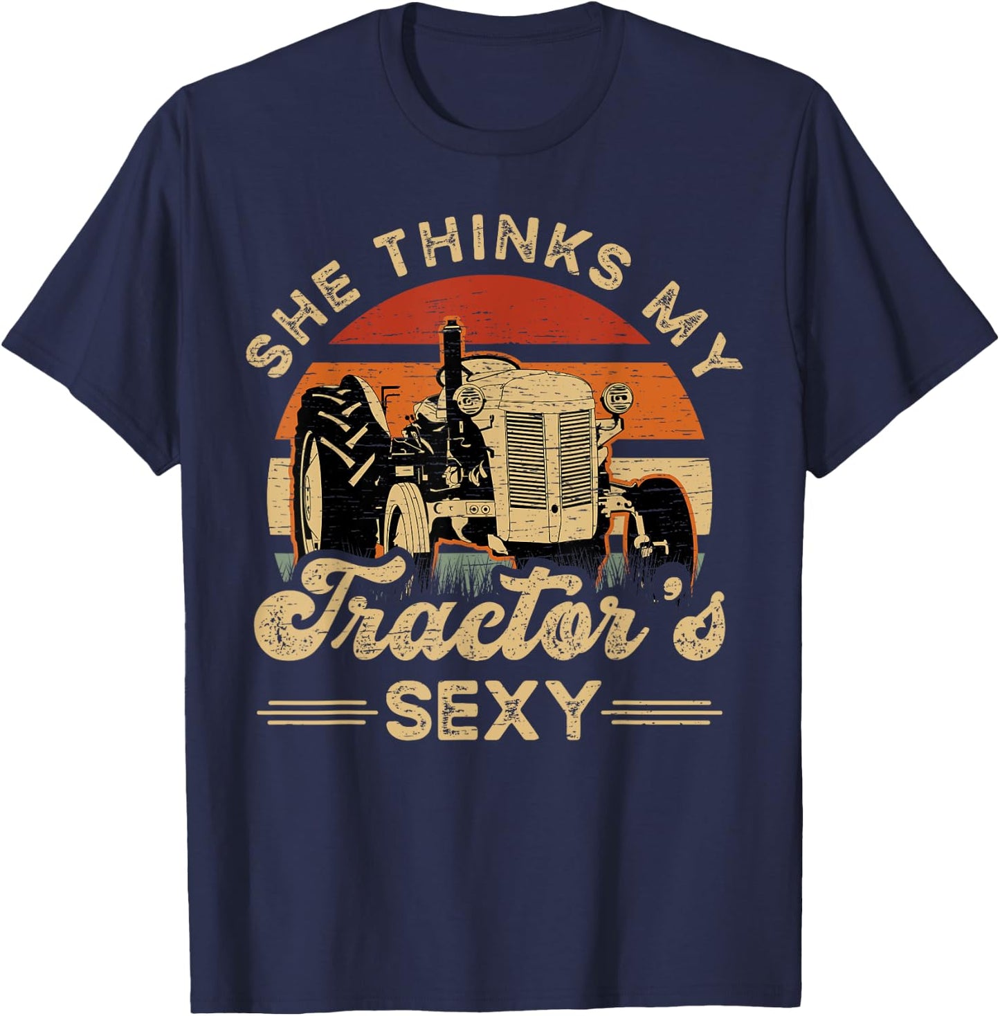 She Think My Tractor's Sexy Farmer - Black, Small - Women's Casual Modern - Short Sleeve - - Polyester 100% - Funny Farmer Motive, Animal Pattern T-Shirt - T-Shirt | Navy