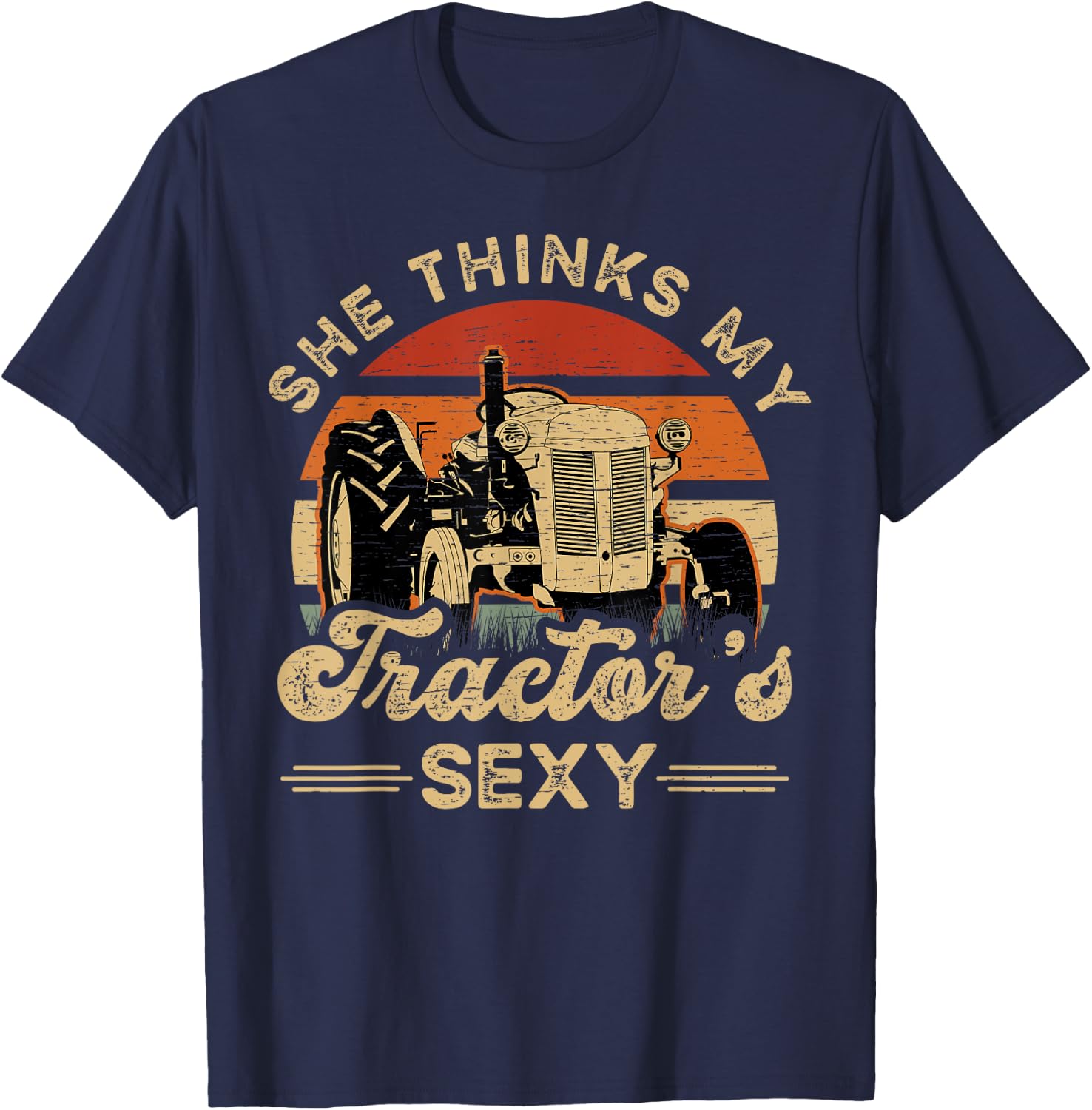 She Think My Tractor's Sexy Farmer - Black, Small - Women's Casual Modern - Short Sleeve - - Polyester 100% - Funny Farmer Motive, Animal Pattern T-Shirt - T-Shirt | Navy