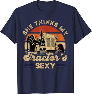 She Think My Tractor's Sexy Farmer - Black, Small - Women's Casual Modern - Short Sleeve - - Polyester 100% - Funny Farmer Motive, Animal Pattern T-Shirt - T-Shirt | Navy
