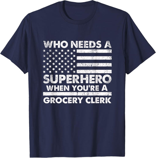 Funny Grocery Clerk Superhero Vintage Dad T-Shirt - T-Shirt | Navy