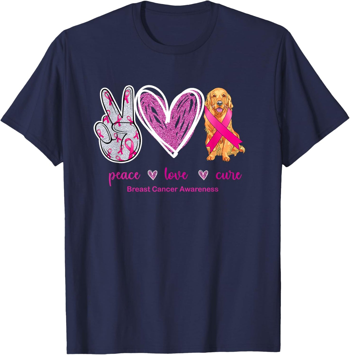 Peace Love Cure Golden Retriever Dog Breast Cancer Awareness Women T-Shirt - T-Shirt | Navy
