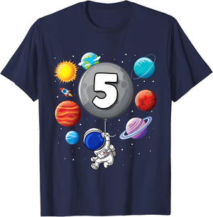 5th Birthday Astronaut Balloon Planet 5 Year Old Boy T-Shirt - T-Shirt | Navy