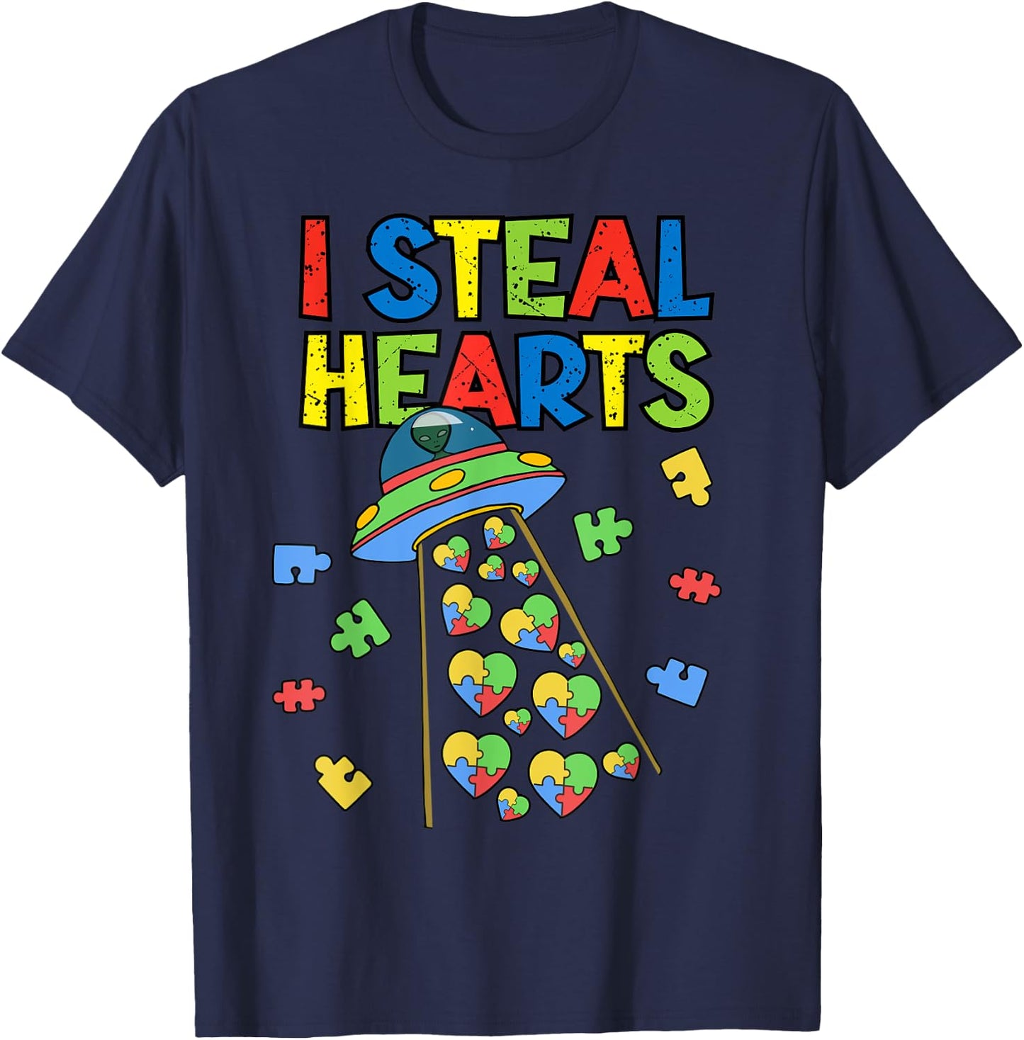 I Steal Hearts Puzzle Autism Awareness Cute Aliens Lover UFO T-Shirt - T-Shirt | Navy