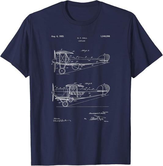Biplane Patent 1925 Airplane Pilot Aviation Bi-Plane Design T-Shirt - T-Shirt | Navy