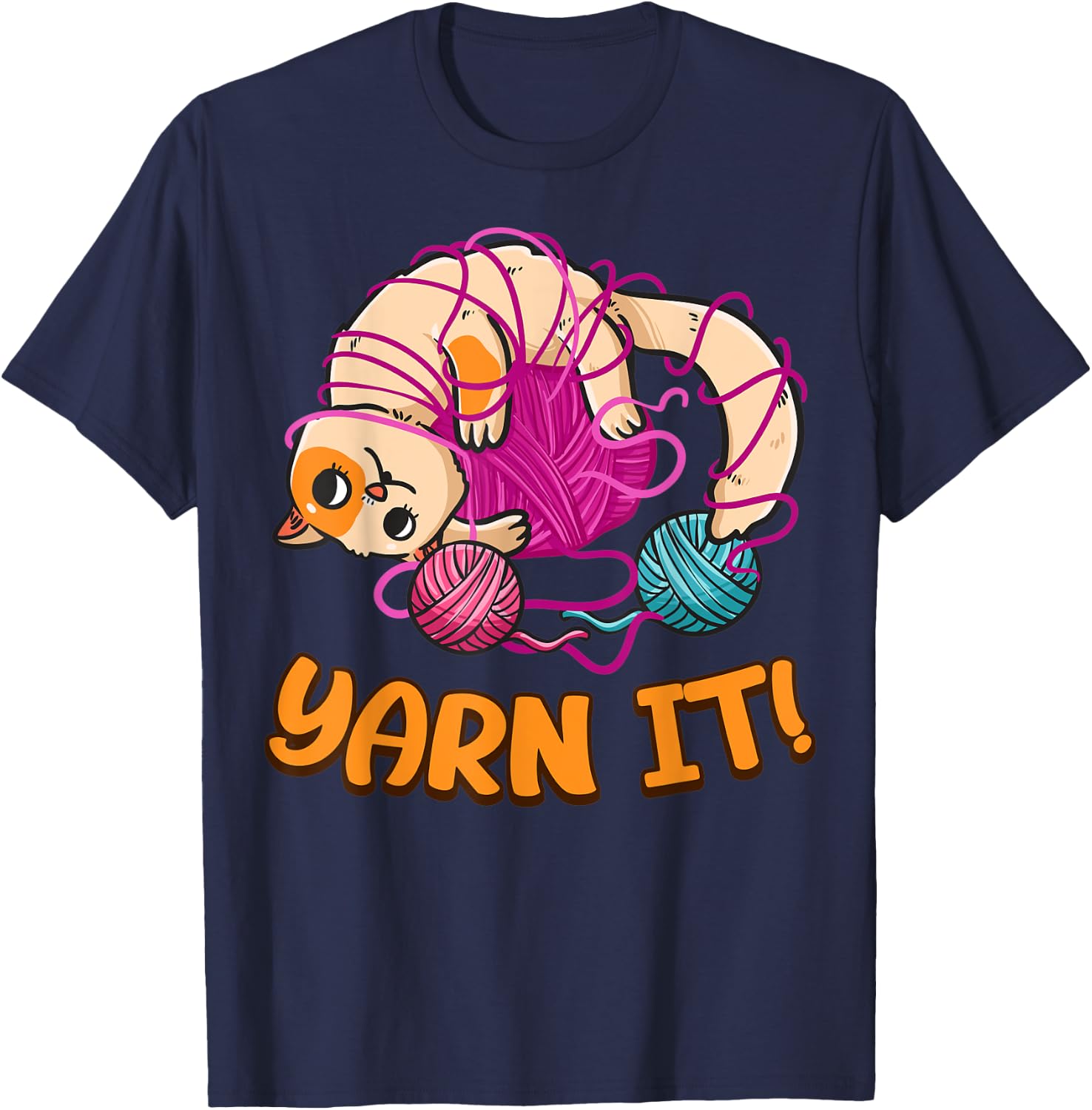 Funny Knitters Yarn It Cat Tangled In Yarn Cat Lovers Yarn Women Kids T-Shirt - T-Shirt | Navy