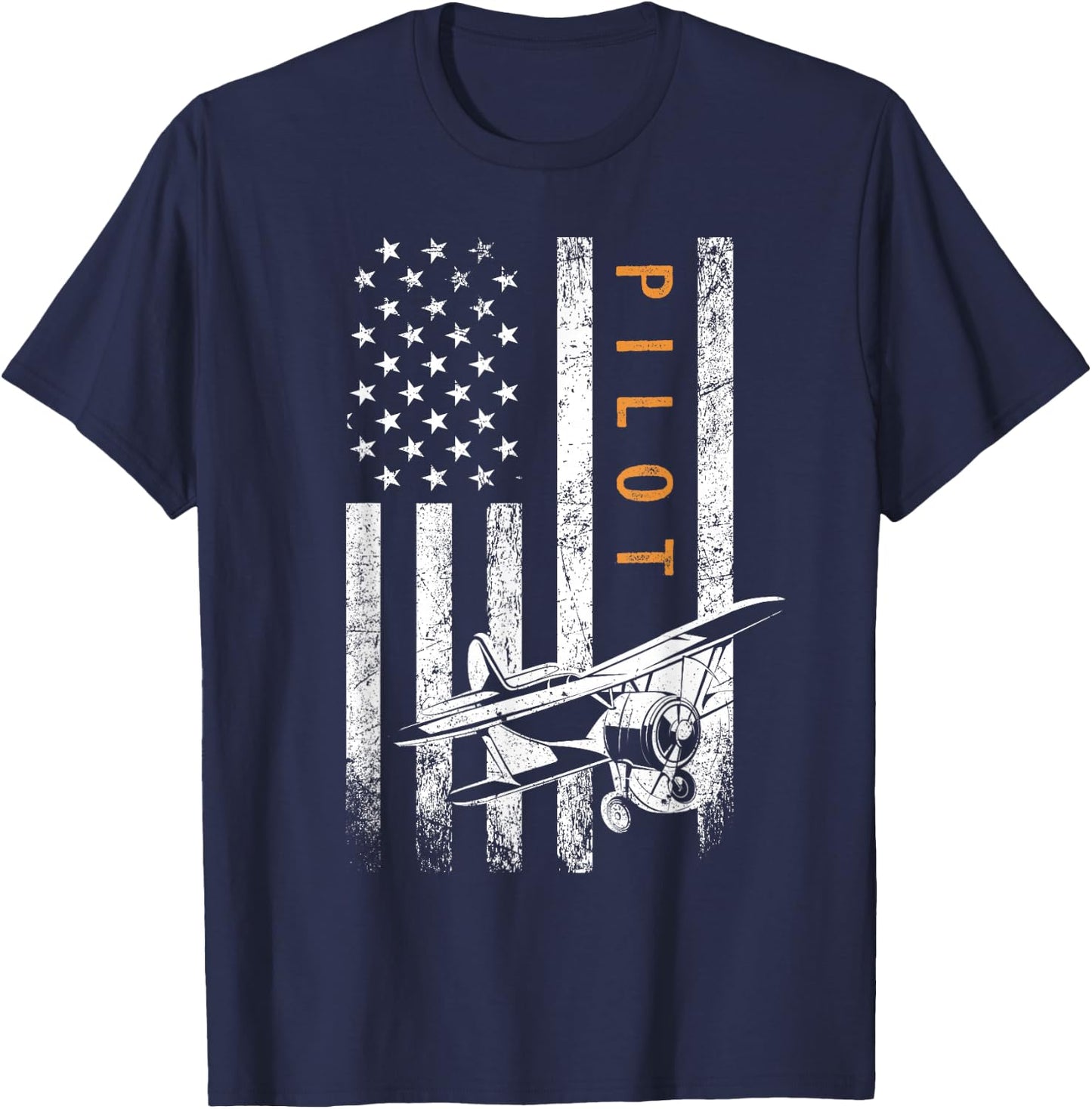 Father's Day Pilot Gifts American Flag Airplane Design Cotton Polyester -Adults Classic Fit Short Sleeve Black T-Shirt - T-Shirt | Navy