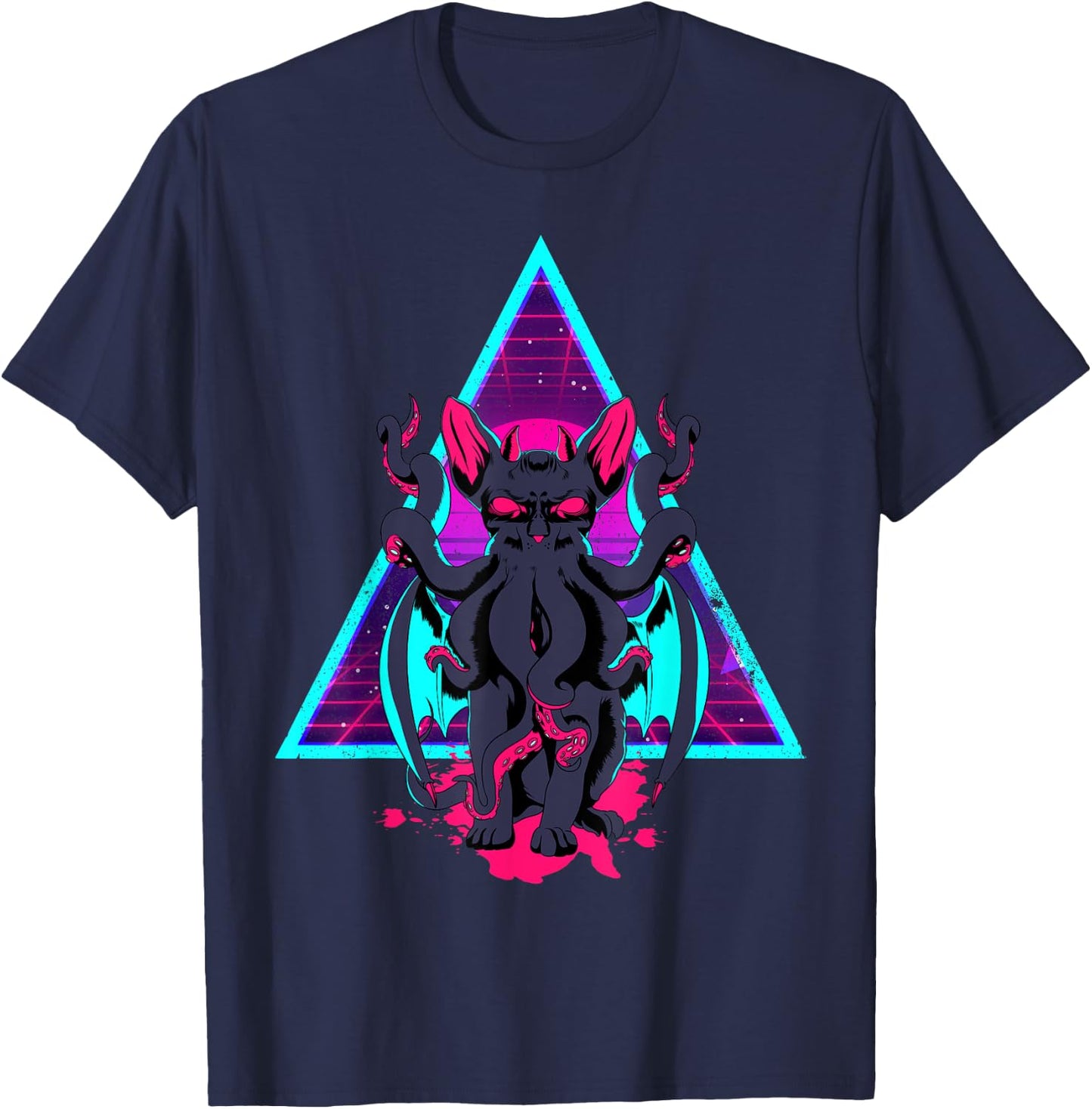 Vaporwave Cathulhu Demon Monster Cat Neko Kitten Horror T-Shirt - T-Shirt | Navy