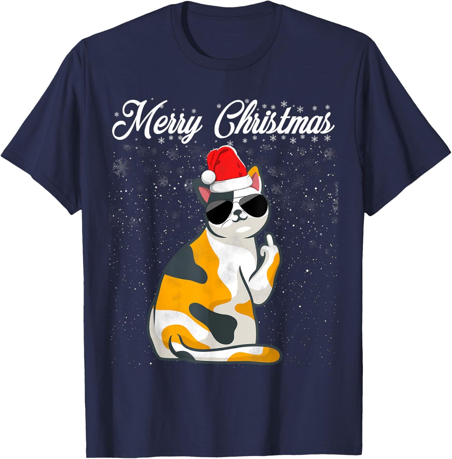 Merry Christmas Cat Middle Finger Rude Xmas Ugly Christmas T-Shirt - T-Shirt | Navy