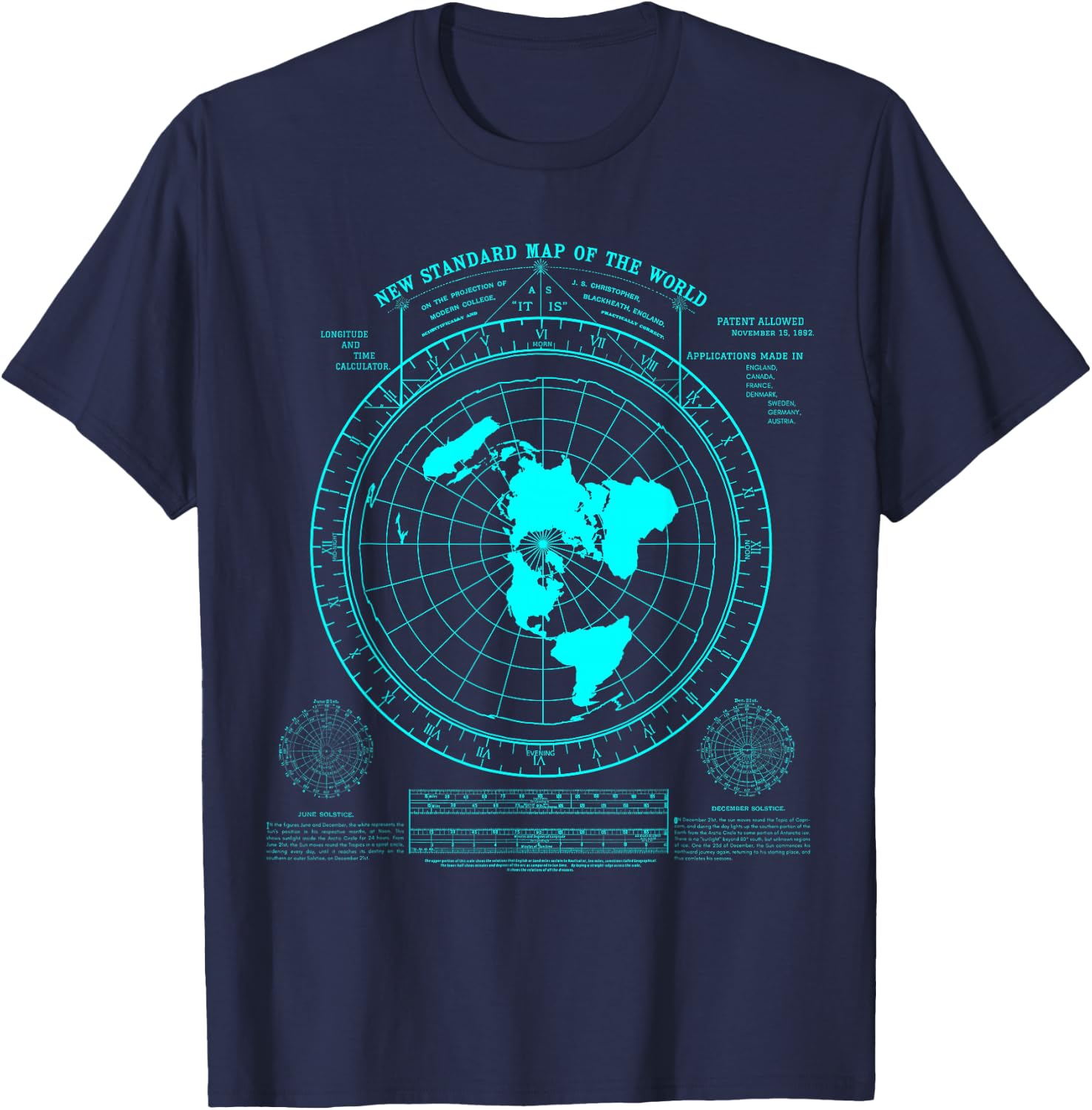 Gleason's New Standard map of The World, Flat Earth T-Shirt - T-Shirt | Navy