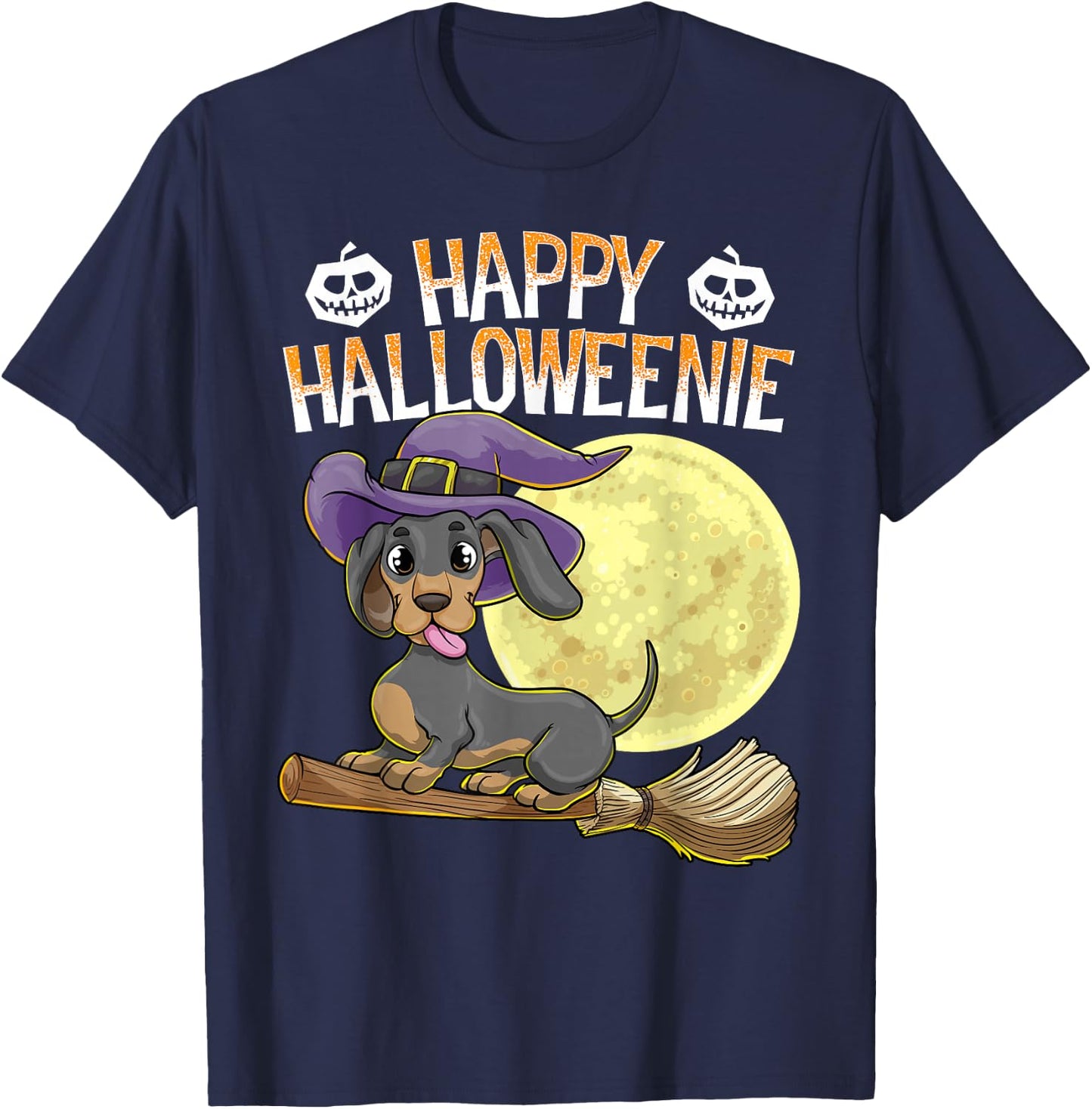 Happy Halloweenie Dachshund Dog Halloween Witch Wiener Broom T-Shirt - T-Shirt | Navy