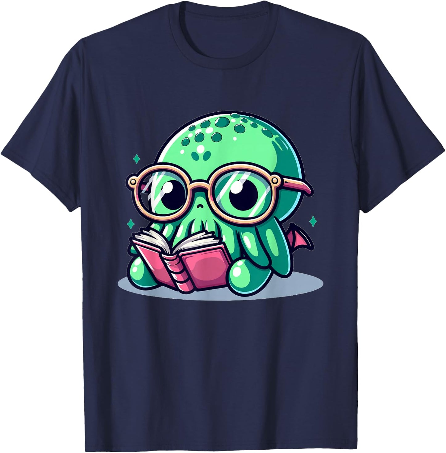 Adorable Book Lover Cthulhu With Reading Glasses Cute T-Shirt - T-Shirt | Navy