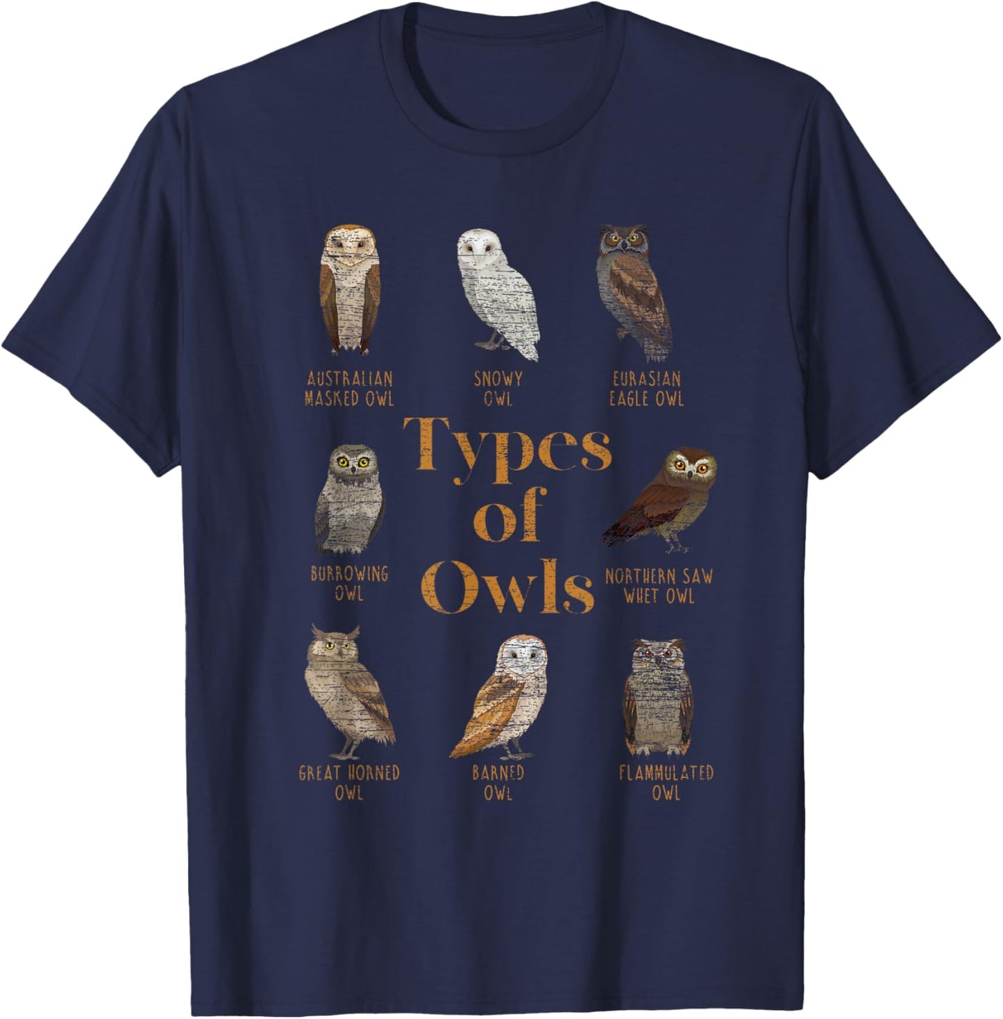 Types Of Owls Ornithologist Gift Animal Wise Bird Lover Owl T-Shirt - T-Shirt | Navy
