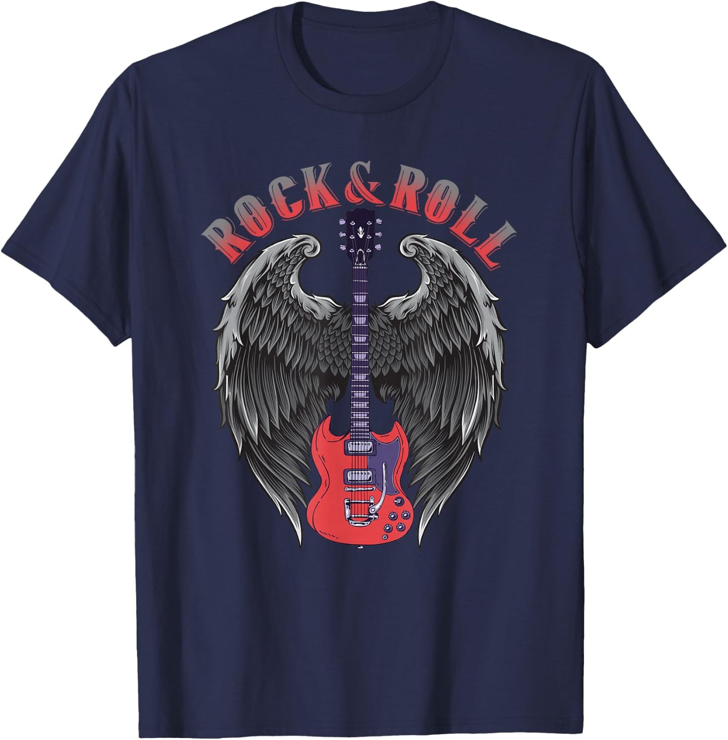 Vintage Retro 80s Music Guitar Wings Rock & Roll T-Shirt - T-Shirt | Navy