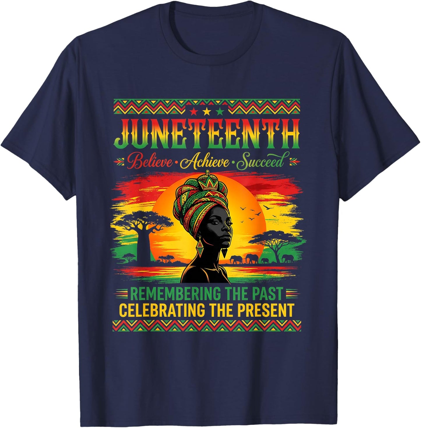 Retro Juneteenth Believe Achieve Succeed History Month Vibe T-Shirt - T-Shirt | Navy
