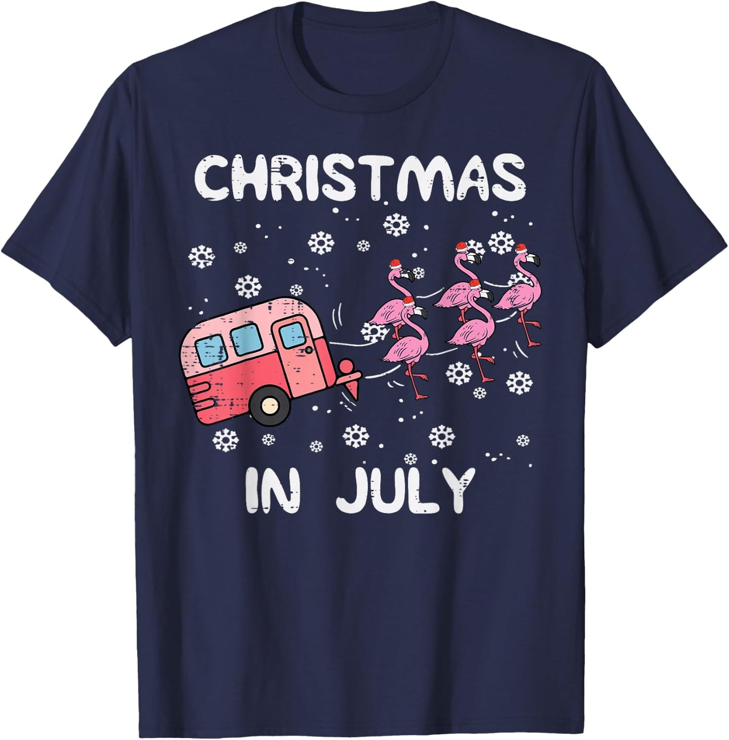Christmas in July Flamingo Trailer Summer Xmas Camp Camper T-Shirt - T-Shirt | Navy