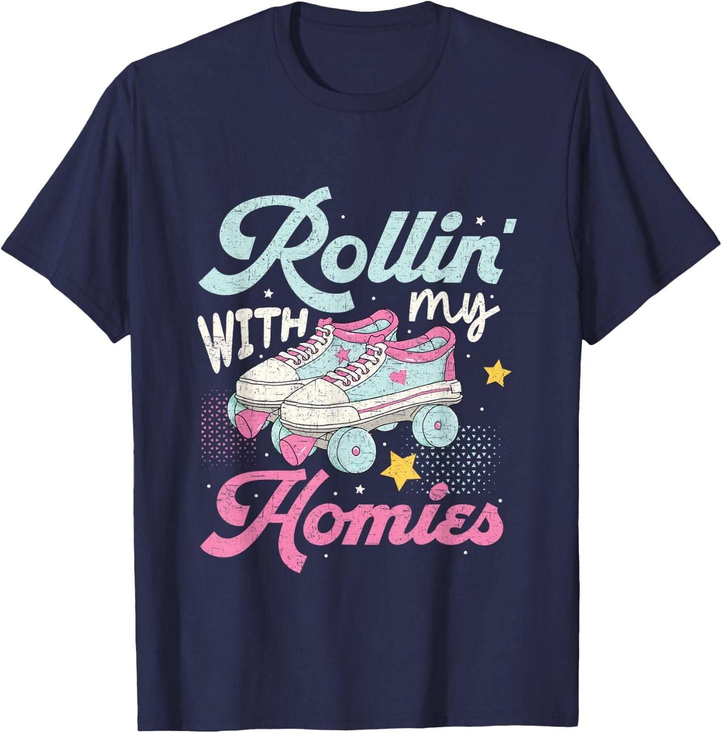 Rollin with my Homies with Retro Rolling Skate Design T-Shirt - T-Shirt | Navy