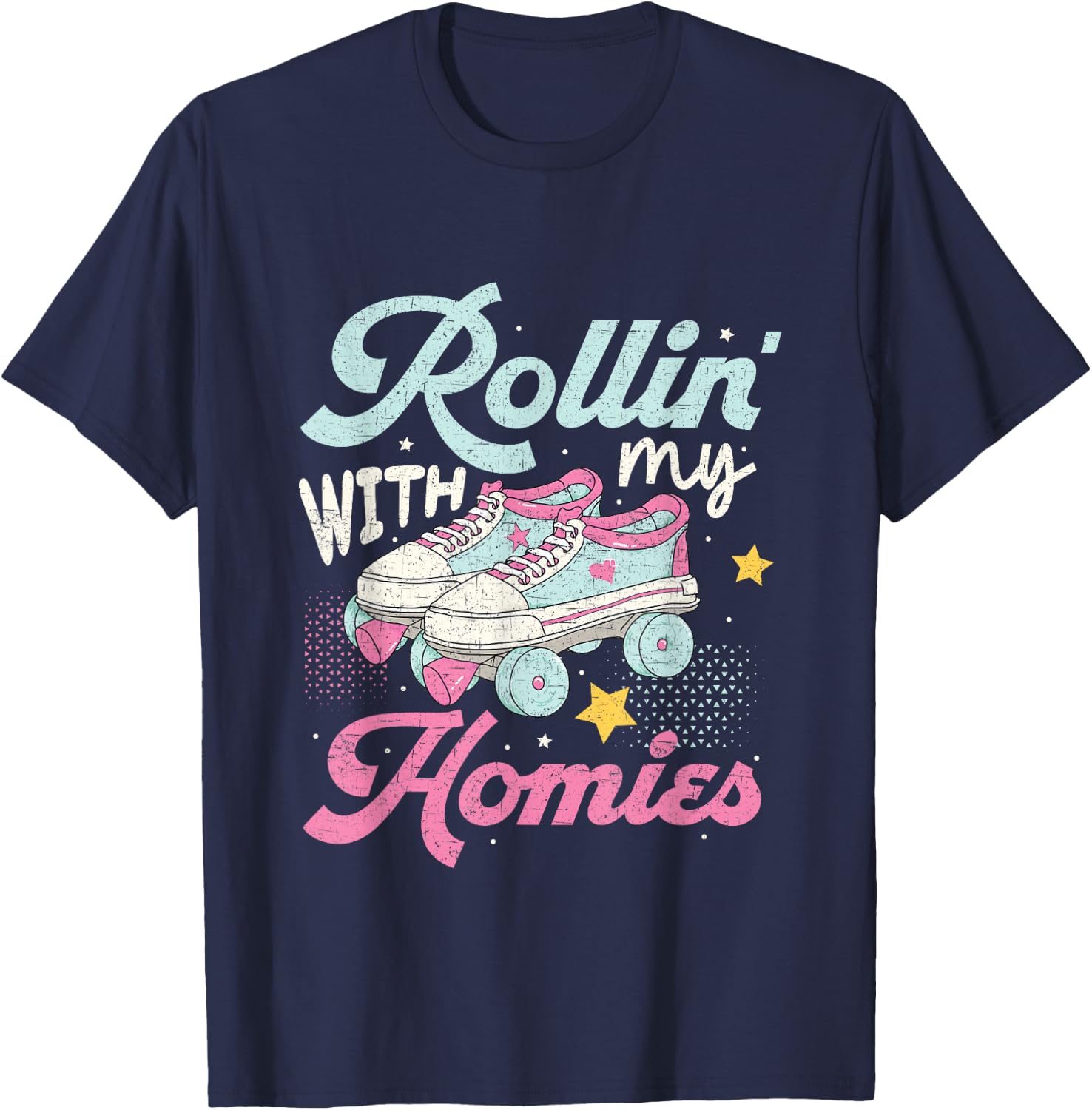 Rollin with my Homies with Retro Rolling Skate Design T-Shirt - T-Shirt | Navy