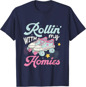 Rollin with my Homies with Retro Rolling Skate Design T-Shirt - T-Shirt | Navy