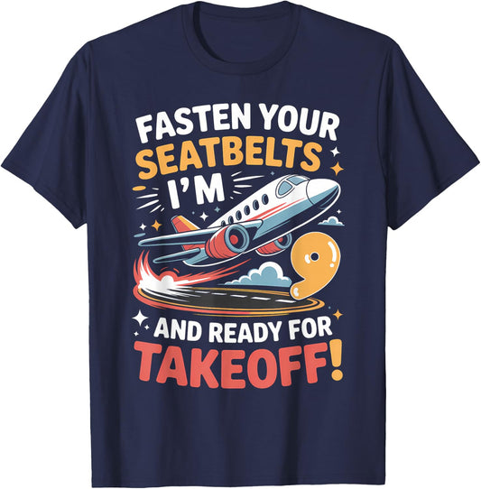 9th Birthday Airplane Take Off Boys Kids 9 Bday Funny Plane T-Shirt - T-Shirt | Navy