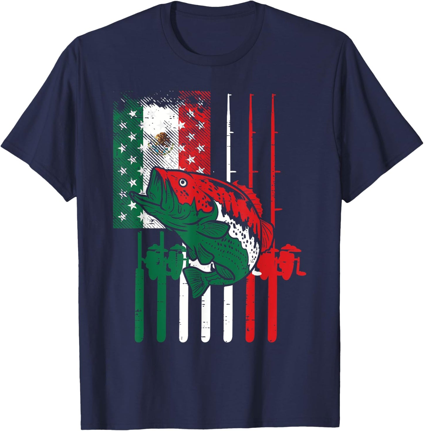Mexican American Fishing Flag Fish Rod Cinco De Mayo Men Dad T-Shirt - T-Shirt | Navy