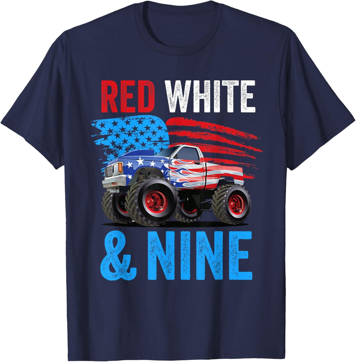 Red White & Nine Monster Truck Boy 9th Birthday USA Flag T-Shirt - T-Shirt | Navy