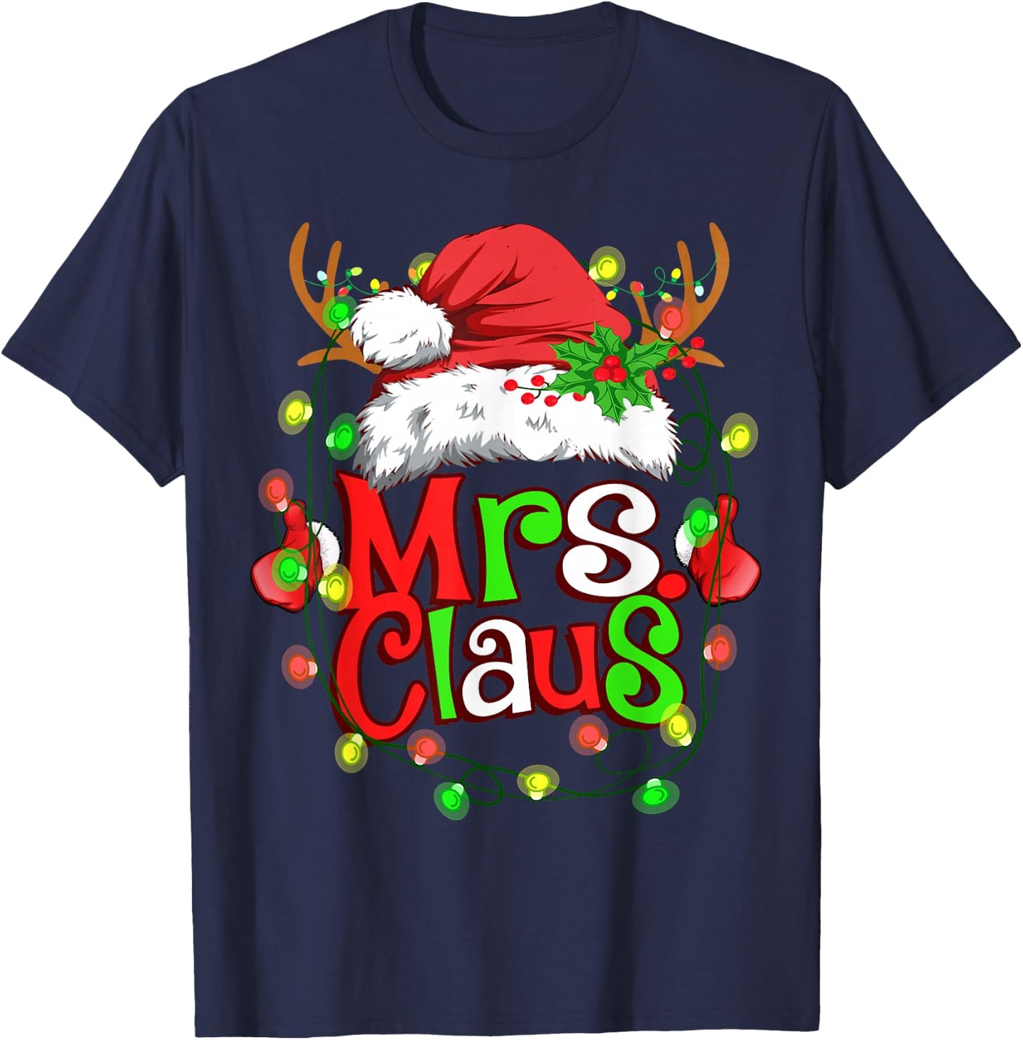 Mr and Mrs Claus Santa Reindeer Couples Christmas Lights T-Shirt - T-Shirt | Navy