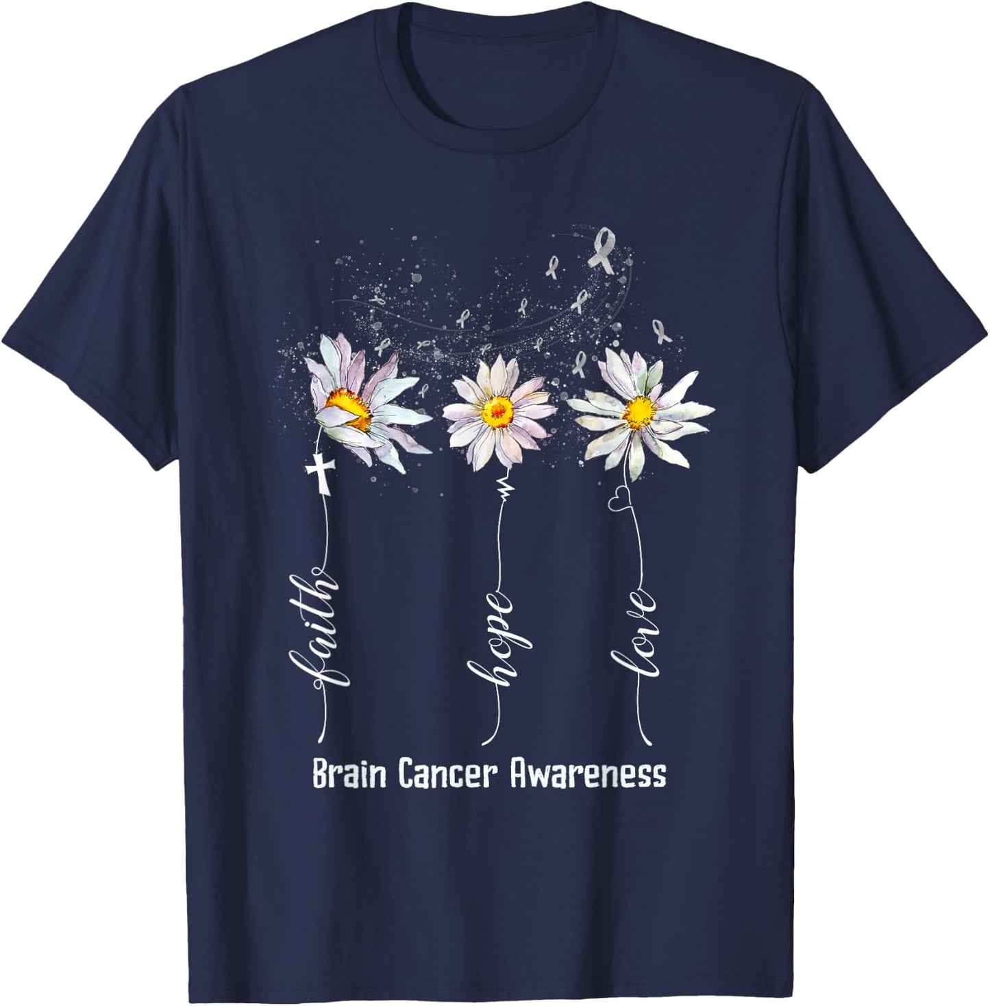 Faith Hope Love Brain Cancer Awareness Shirt Flower Gifts T-Shirt - T-Shirt | Navy