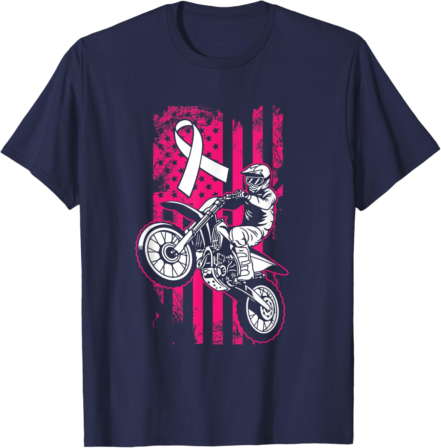 Motocross American Flag Breast Cancer Awareness Pink Ribbon T-Shirt - T-Shirt | Navy