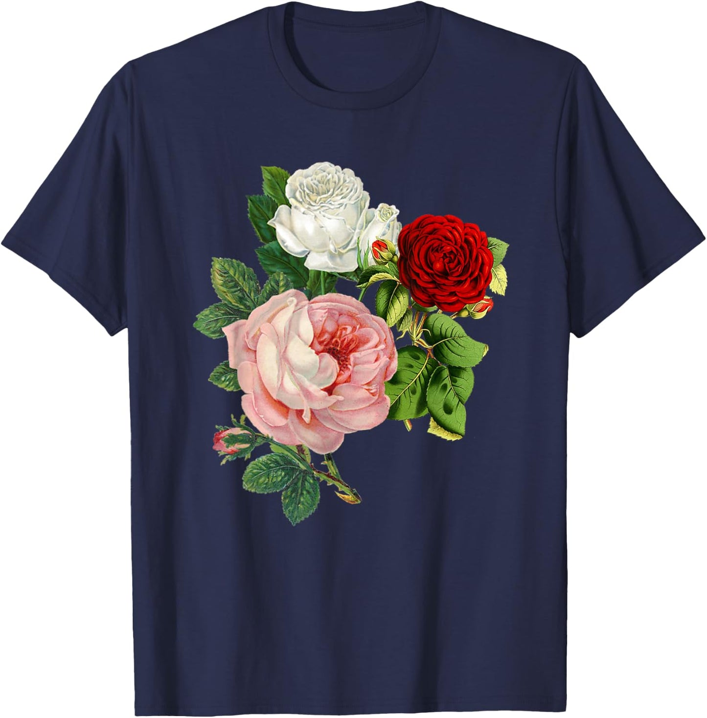 Vintage Roses Flower Floral Illustration Blossom Lovers T-Shirt - T-Shirt | Navy