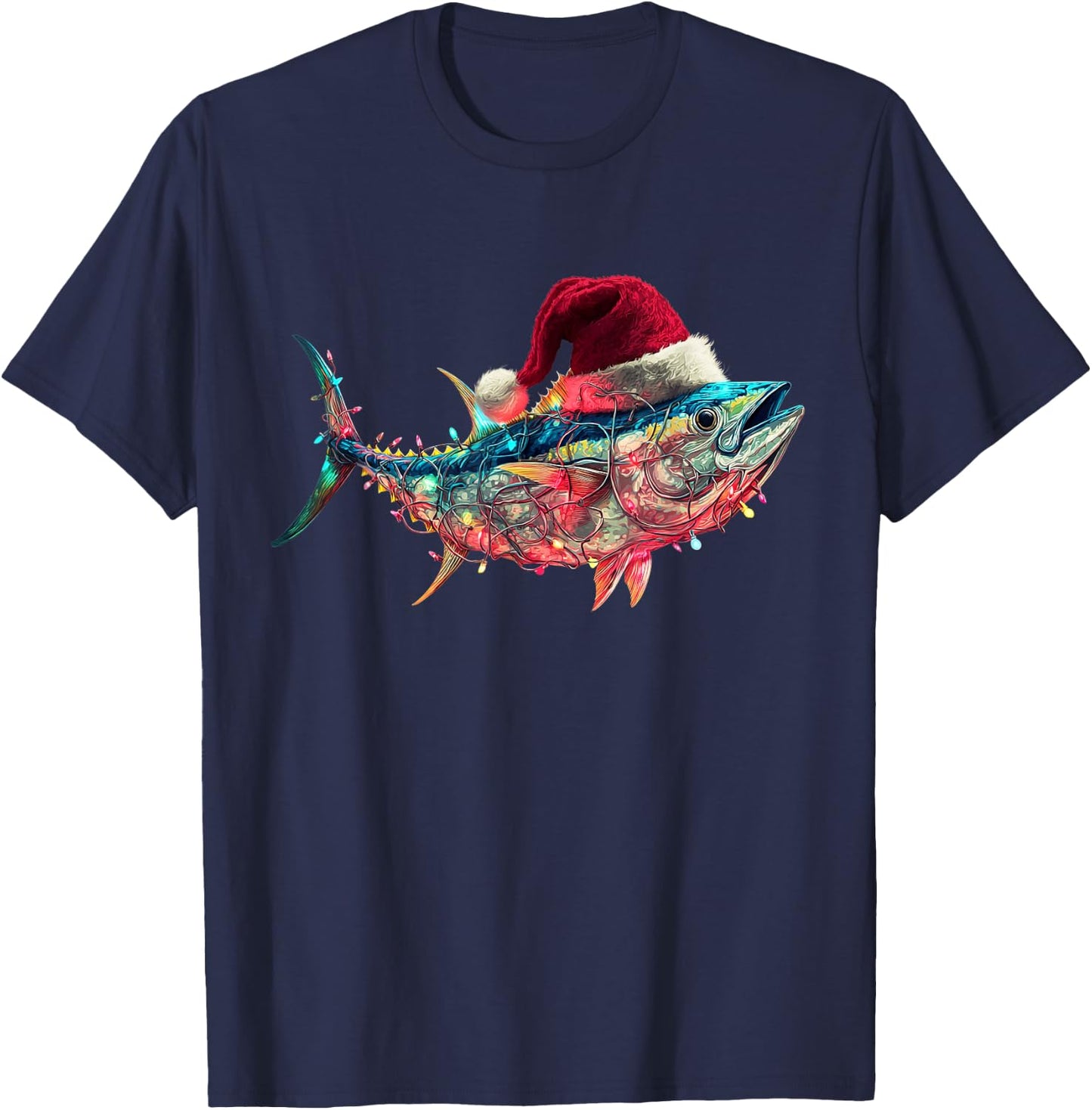 Christmas Tuna Fish Funny Fishing Santa Hat Lights T-Shirt - T-Shirt | Navy