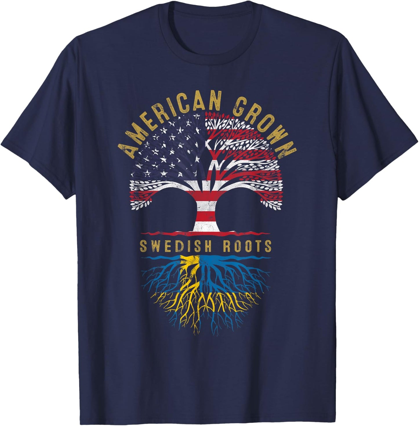 American Grown Swedish Roots Tree Flag Family Heritage T-Shirt - T-Shirt | Navy
