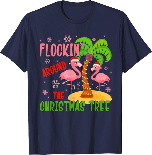Flockin' Around The Christmas Tree Flamingo Santa Xmas Gifts T-Shirt - T-Shirt | Navy