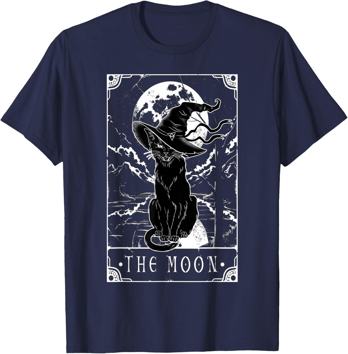 Tarot Card Crescent Moon And Black Cat Witch Hat Halloween T-Shirt - T-Shirt | Navy