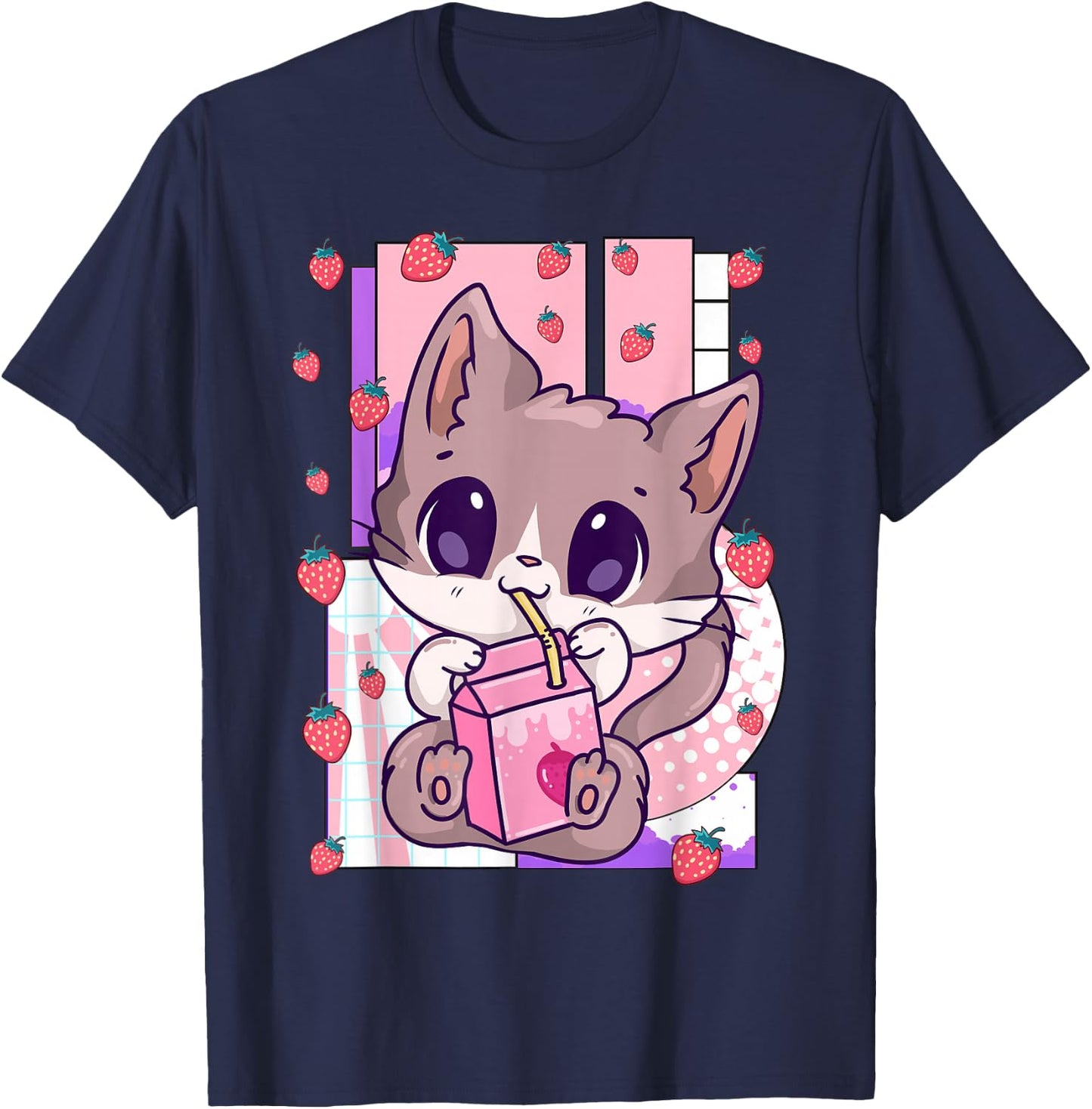 Cute Kawaii Cat Strawberry Milk Anime Neko Shake T-Shirt - T-Shirt | Navy