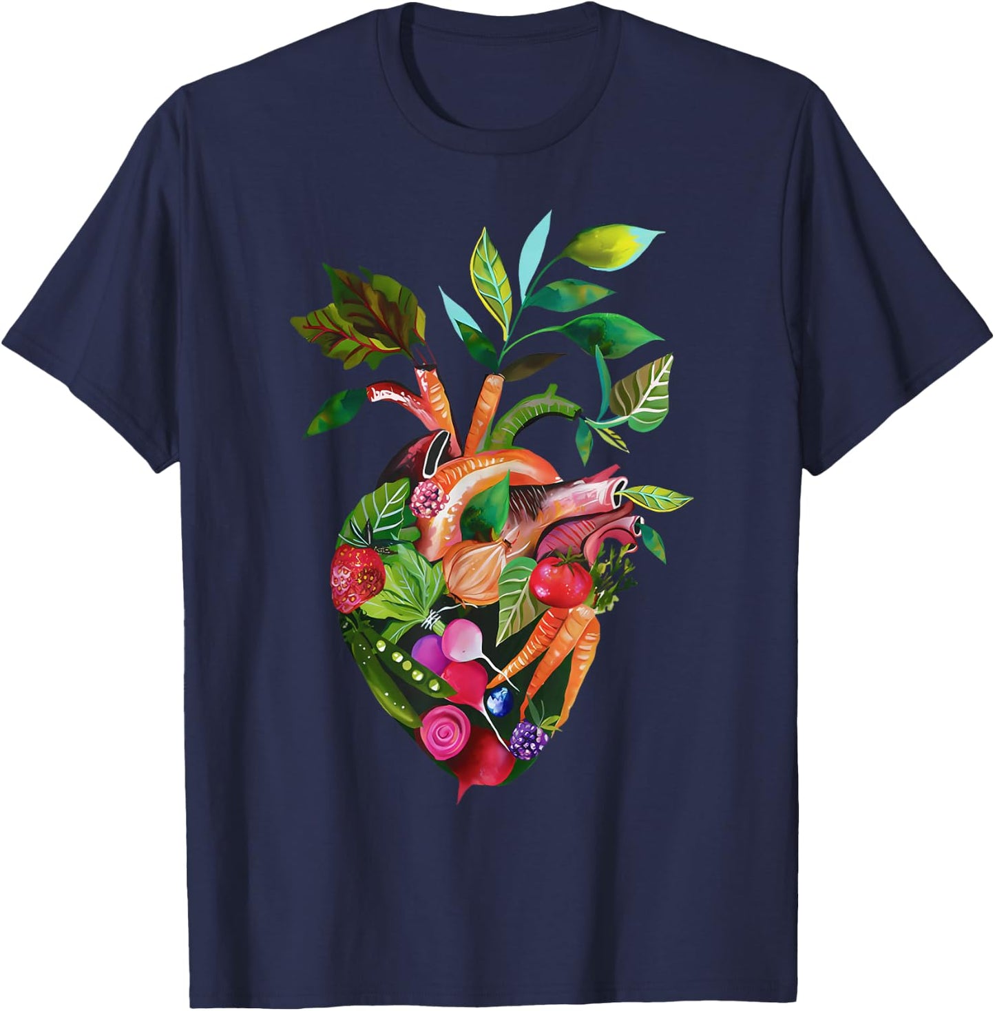 Watercolor Anatomical Heart With Vegetable Vegans Gardeners T-Shirt - T-Shirt | Navy