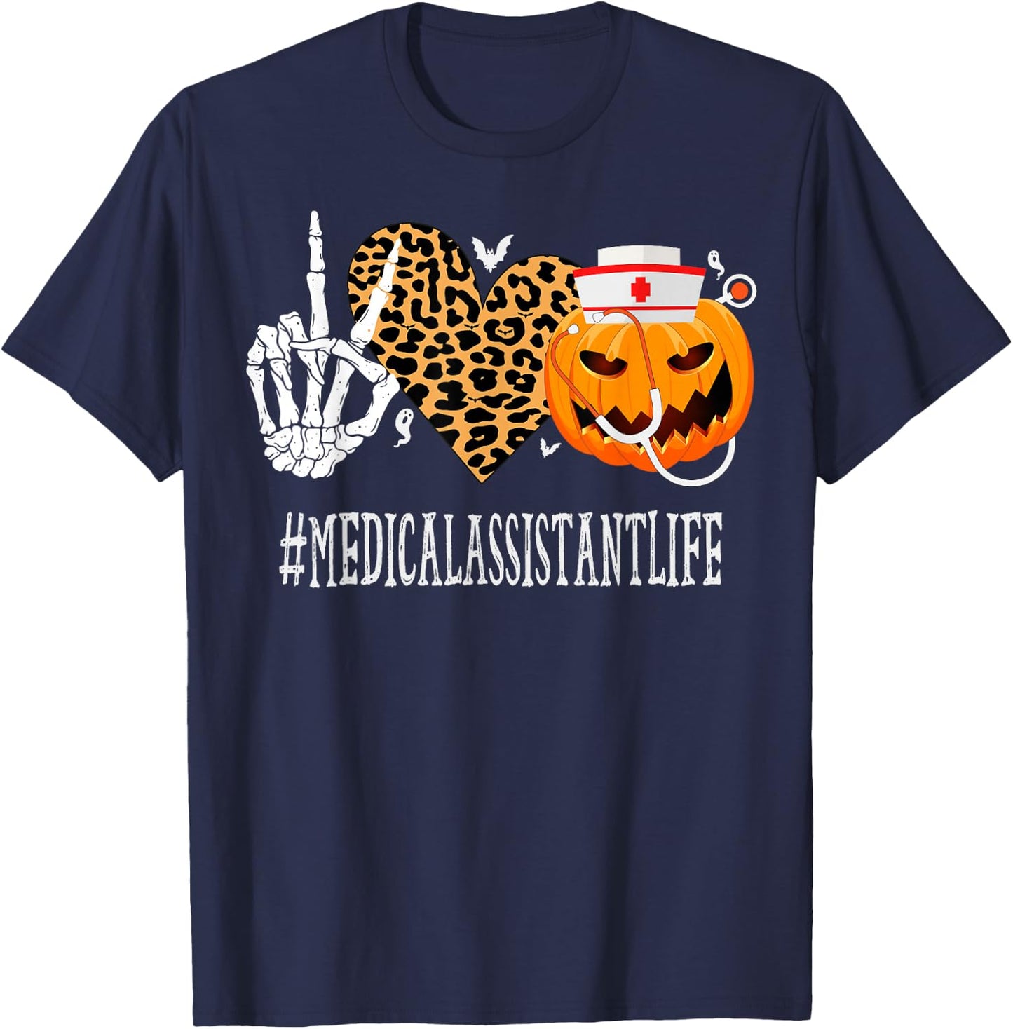 Medical Assistant Peace Love Pumpkin Funny Halloween T-Shirt - T-Shirt | Navy