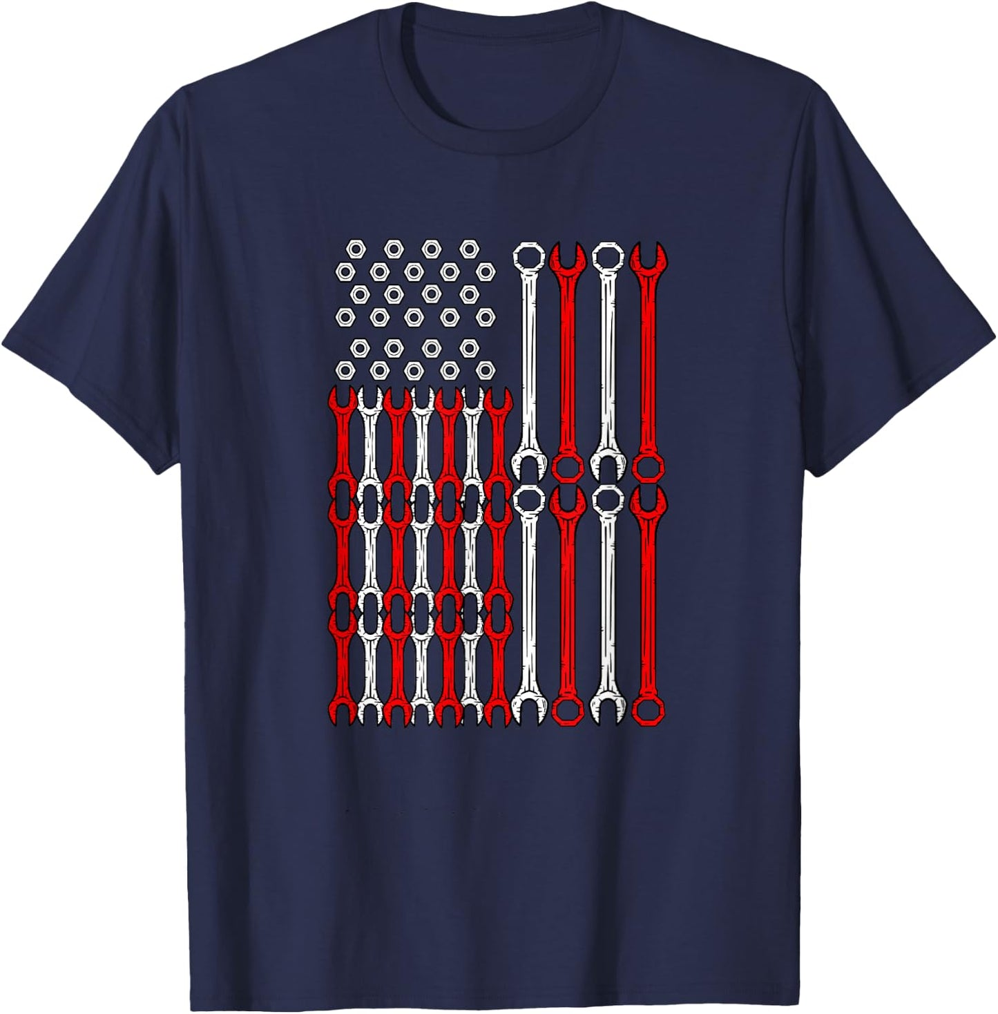 USA Red White and Blue Wrench Flag - Car Motor Repair Worker T-Shirt - T-Shirt | Navy